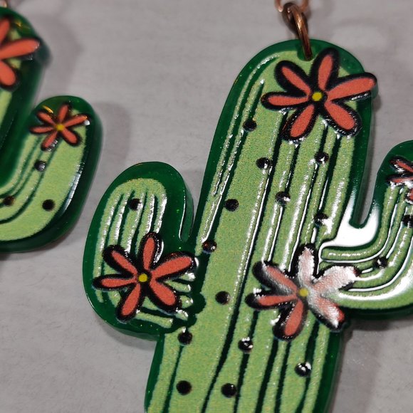 Cactus Earrings, Pink and Green, Cute Rustic - Picture 3 of 3